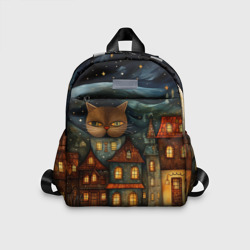 Детский рюкзак 3D Хранитель снов: котик в ночном городе в стиле фолк-арт
