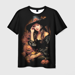Мужская футболка 3D Милая ведьма с тыквами