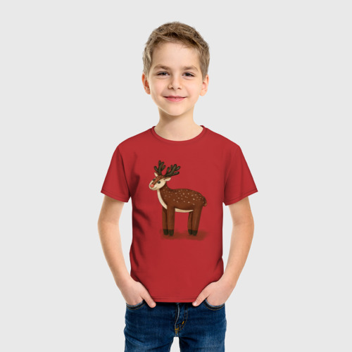 Детская футболка хлопок с принтом Новогодний олень в мультяшном стиле, фото на моделе #1