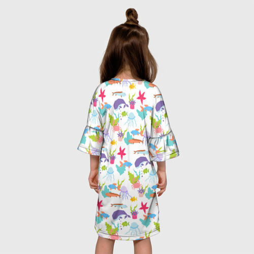 Детское платье 3D с принтом Кит в море океане и другие морские жители, вид сзади #2