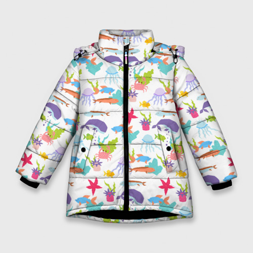Зимняя куртка для девочек 3D Кит в море океане и другие морские жители, цвет черный