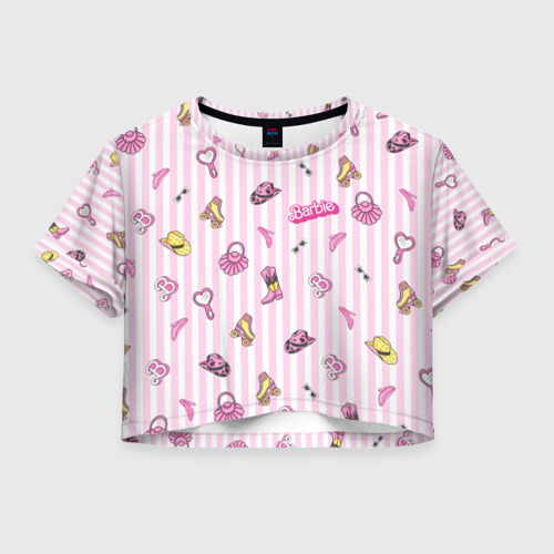 Женская футболка Crop-top 3D Барби - розовая полоска и аксессуары, цвет 3D печать