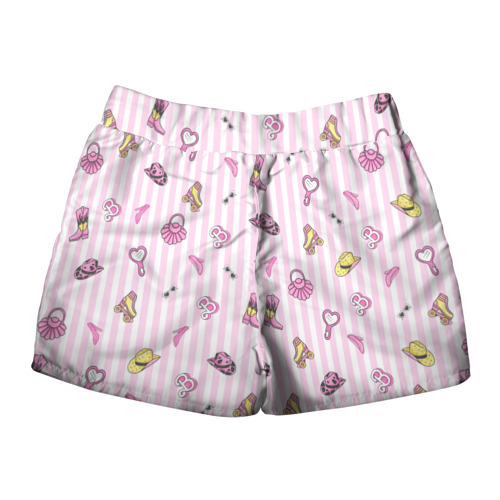 Женские шорты 3D с принтом Барби - розовая полоска и аксессуары, вид сзади #1