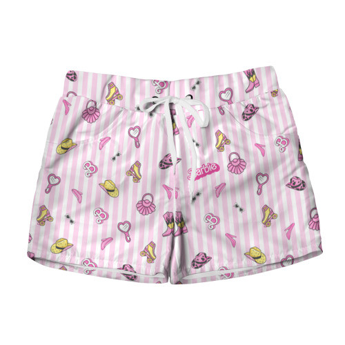 Женские шорты 3D с принтом Барби - розовая полоска и аксессуары, вид спереди #2