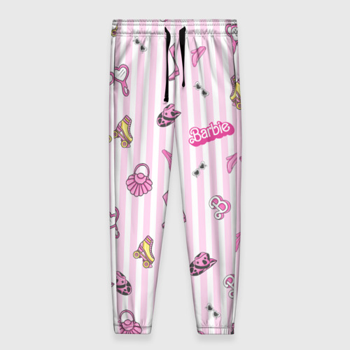 Женские брюки 3D с принтом Барби - розовая полоска и аксессуары, вид спереди #2