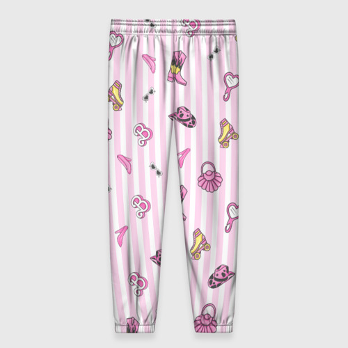 Женские брюки 3D с принтом Барби - розовая полоска и аксессуары, вид сзади #1