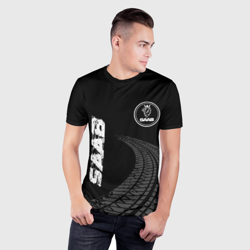 Мужская футболка 3D Slim Saab speed на темном фоне со следами шин: надпись, символ, цвет 3D печать - фото 3