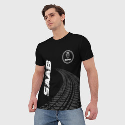 Мужская футболка 3D Saab speed на темном фоне со следами шин: надпись, символ - фото 2