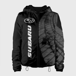 Женская куртка 3D Subaru speed на темном фоне со следами шин: по-вертикали