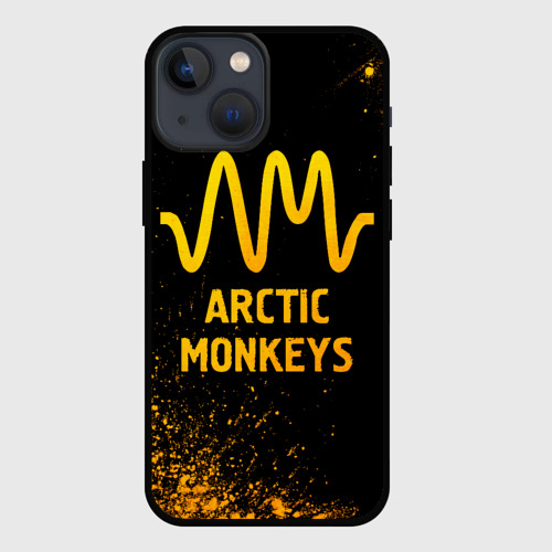 Чехол для iPhone 13 mini с принтом Arctic Monkeys - gold gradient, вид спереди #2