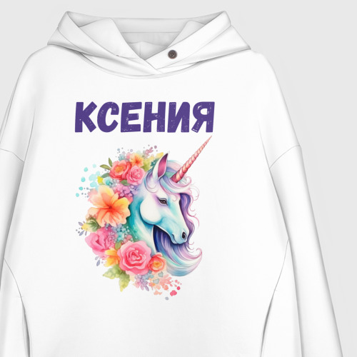 Женское худи Oversize хлопок Ксения - разноцветный единорог, цвет белый - фото 3