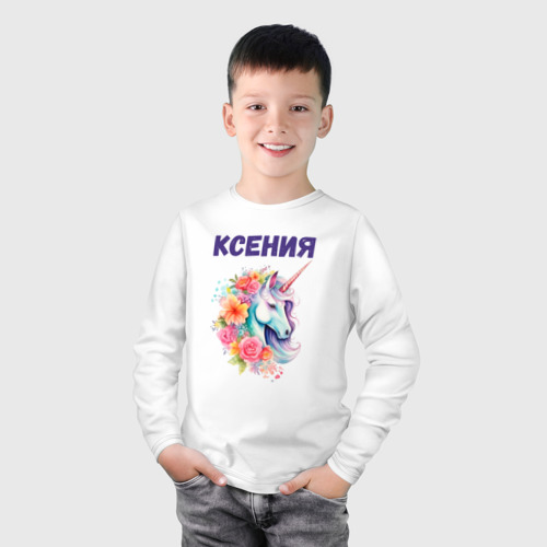 Детский лонгслив хлопок с принтом Ксения - разноцветный единорог, фото на моделе #1
