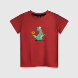 Детская футболка хлопок Тираннозавр в кепке с баскетбольным мячом на хвосте