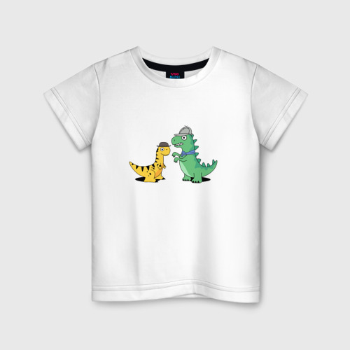 Детская футболка из хлопка с принтом Тираннозавр Шерлок и игуанодон Ватсон, вид спереди №1