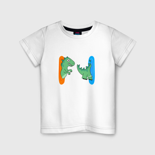 Детская футболка хлопок Динозавр застрявший в портале, цвет белый