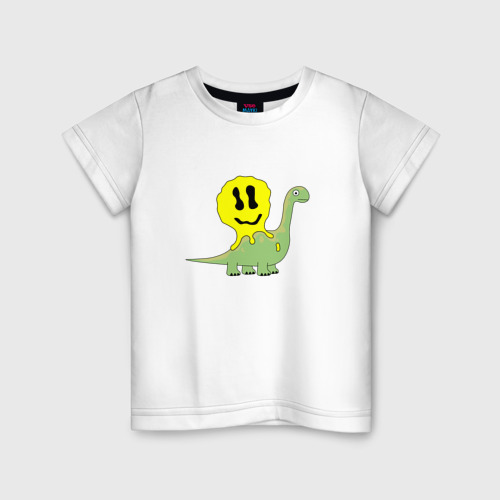 Детская футболка из хлопка с принтом Брахиозавр улитка со смайликом на спине, вид спереди №1