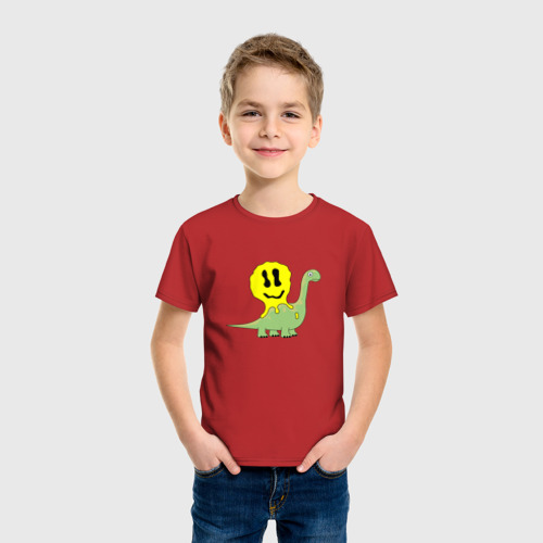 Детская футболка хлопок Брахиозавр улитка со смайликом на спине, цвет красный - фото 3