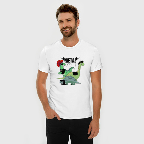 Мужская футболка хлопок Slim Динозавры рокеры с надписью metal, цвет белый - фото 3