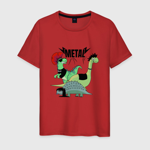Мужская футболка хлопок Динозавры рокеры с надписью metal, цвет красный