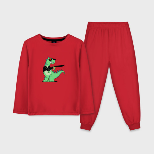 Детская пижама с лонгсливом хлопок с принтом Киборг тираннозавр динозавронатор, вид спереди #2