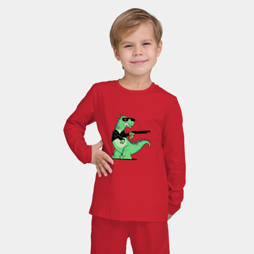 Детская пижама с лонгсливом хлопок с принтом Киборг тираннозавр динозавронатор, фото на моделе #1