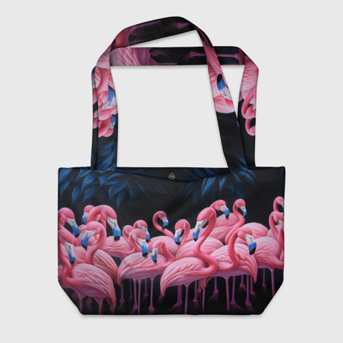 Пляжная сумка 3D Стая розовых фламинго в темноте