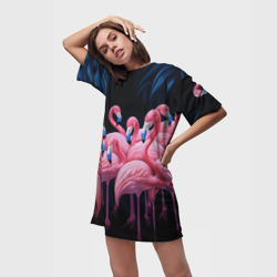 Платье-футболка 3D Стая розовых фламинго в темноте - фото 2