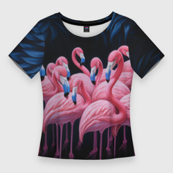 Женская футболка 3D Slim Стая розовых фламинго в темноте