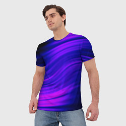 Мужская футболка 3D Волнистый абстрактный узор в синих и малиновых тонах - фото 2