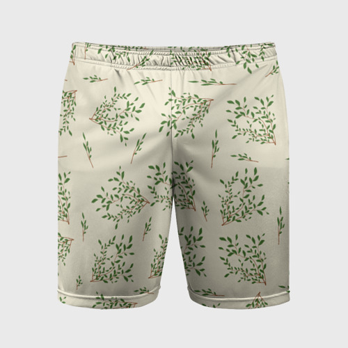 Мужские шорты спортивные Веточки с зелеными листьями, цвет 3D печать