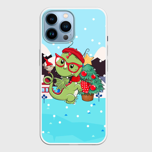 Чехол для iPhone 14 Pro Max с принтом Маленький дракон у елки, вид спереди №1