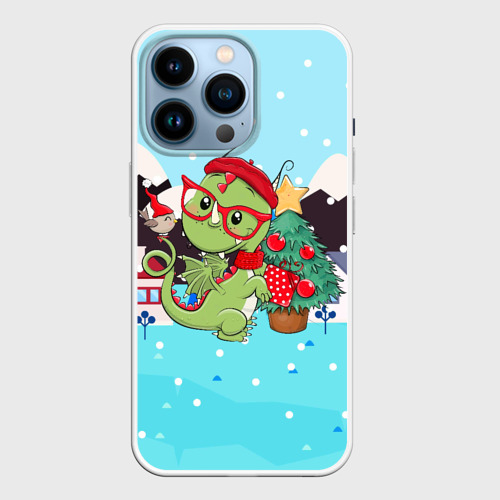 Чехол для iPhone 14 Pro с принтом Маленький дракон у елки, вид спереди №1