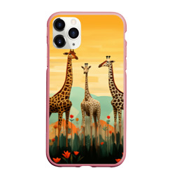 Чехол для iPhone 11 Pro Max матовый Три жирафа в стиле фолк-арт