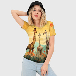 Женская футболка 3D Slim Три жирафа в стиле фолк-арт - фото 2