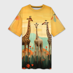 Платье-футболка 3D Три жирафа в стиле фолк-арт