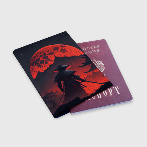 Обложка для паспорта матовая кожа Samurai and red moon - нейросеть, цвет синий - фото 3