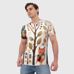 Мужская футболка 3D Совы в осеннем лесу в стиле фолк-арт - фото 2