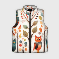 Женский жилет утепленный 3D Совы в осеннем лесу в стиле фолк-арт