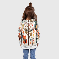 Толстовка с принтом Совы в осеннем лесу в стиле фолк-арт для ребенка, вид на модели сзади №2. Цвет основы: белый