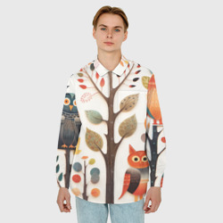 Мужская рубашка oversize 3D Совы в осеннем лесу в стиле фолк-арт - фото 2