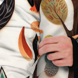 Куртка с принтом Совы в осеннем лесу в стиле фолк-арт для мужчины, вид на модели спереди №3. Цвет основы: черный