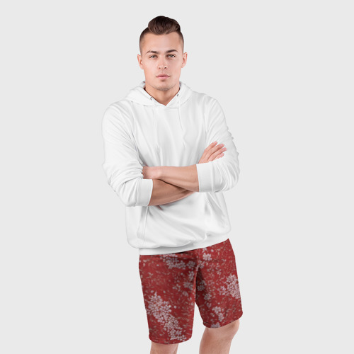Мужские шорты спортивные Белые лепестки на красном фоне, цвет 3D печать - фото 5