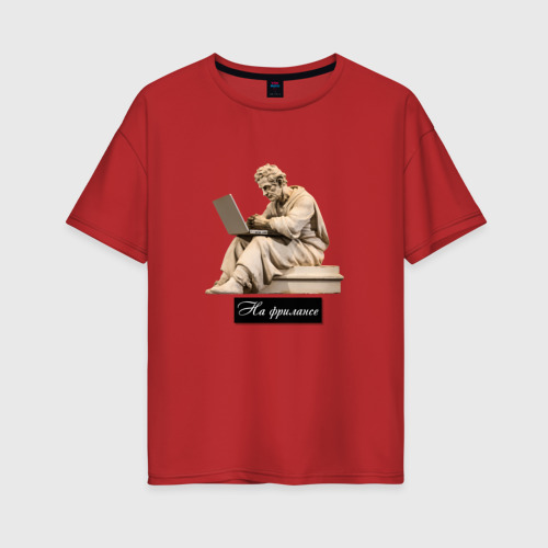 Женская футболка хлопок Oversize Гипсовый памятник человек сидит за ноутбуком, цвет красный