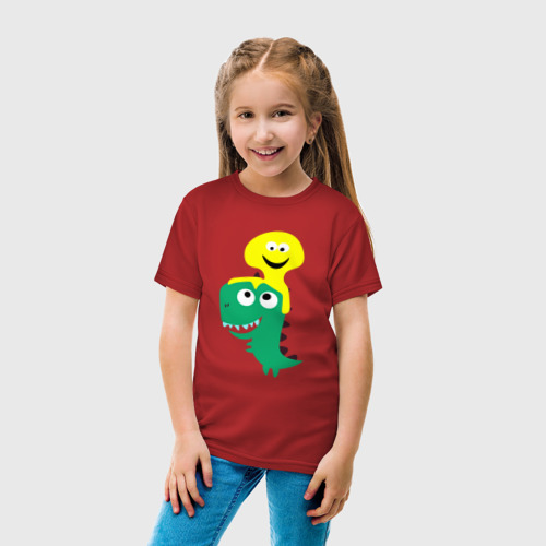 Детская футболка хлопок Детский динозавр со смайликом на голове, цвет красный - фото 5