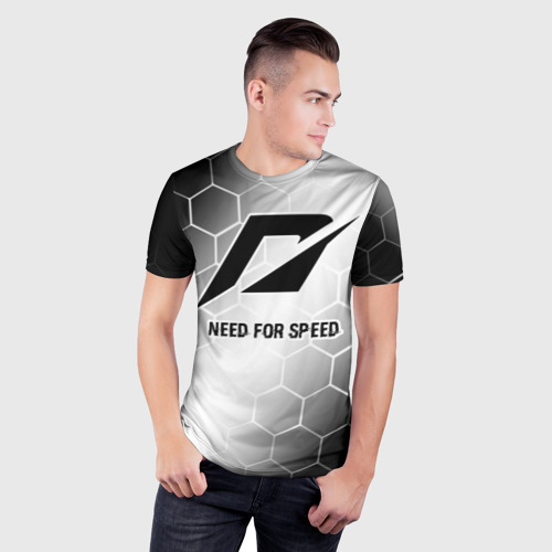 Мужская футболка 3D Slim с принтом Need for Speed glitch на светлом фоне, фото на моделе #1