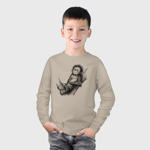 Детский лонгслив хлопок с принтом Гиббон малыш на дереве, фото на моделе #1