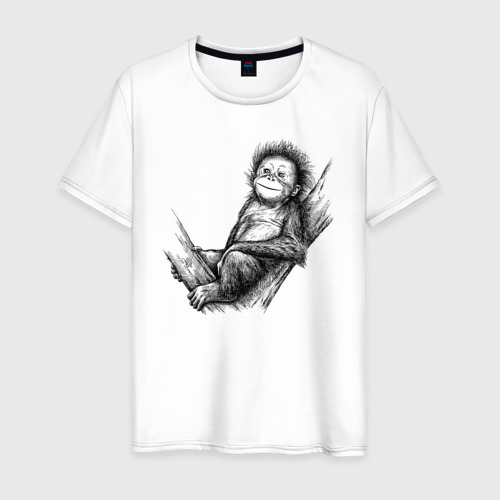 Мужская футболка из хлопка с принтом Гиббон малыш на дереве, вид спереди №1