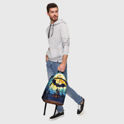 Рюкзак с принтом Летучие мыши на фоне замка для любого человека, вид спереди №5. Цвет основы: белый