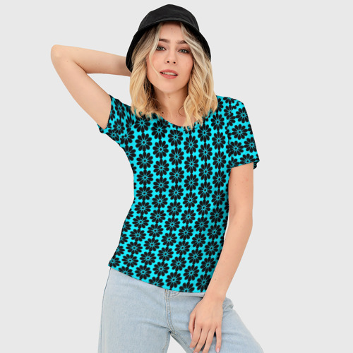 Женская футболка 3D Slim Стилизованные цветы чёрно-голубой, цвет 3D печать - фото 3