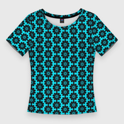 Женская футболка 3D Slim Стилизованные цветы чёрно-голубой